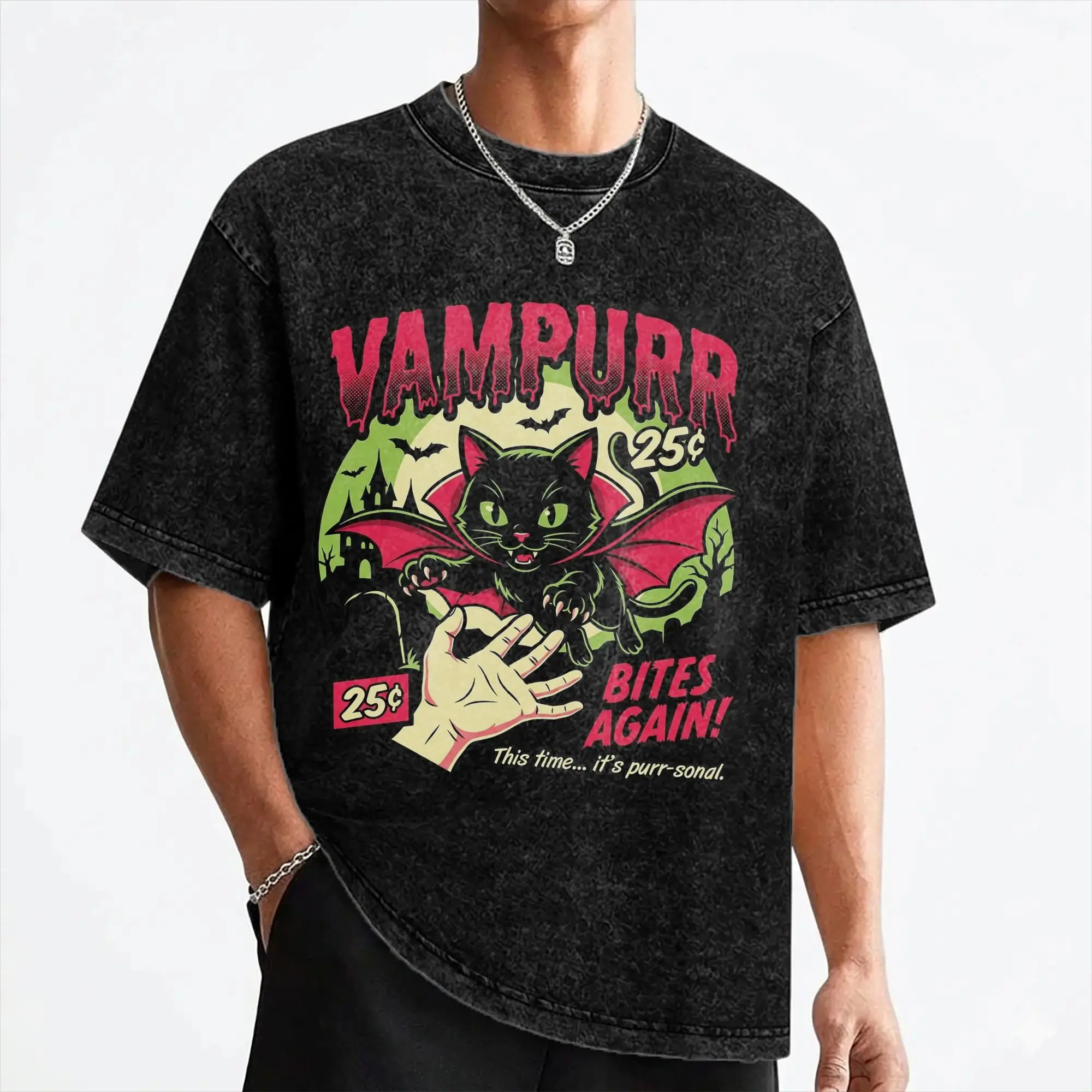 Vampurr Bites Again Halloween Vampire Cat Washed T Shirt Streetwear Retro T-Shirt  Tees Men Women 100% Cotton Oversize Summer