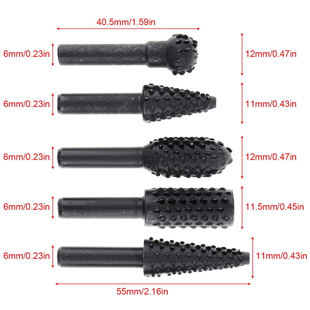 5pcs/set Black DIY Carpentry Metal Wolf Tooth Stick Rasp Burr Rotating Files 6mm Shank for Electric Grinding Head Grinding Tool