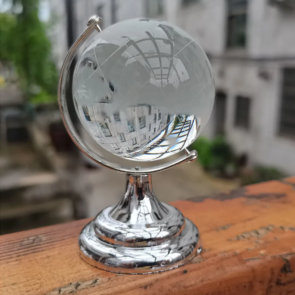 6/8cm Round Earth Globe World Map Crystal Glass Clear Ball Sphere Figurine With Metal Holder Home Decor Office Desktop Ornament