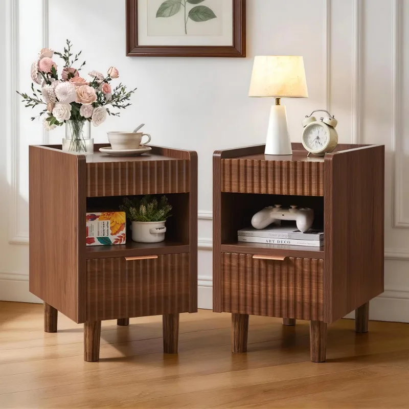 Walnut brown grooved wood bedside table with drawers and open storage