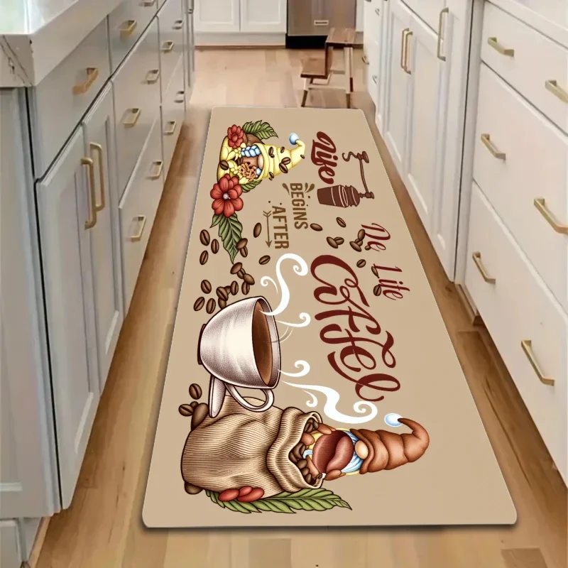 1pc Kitchen Mat, Beige Vintage Coffee Cup & Coffee Bean Alphabet Print Pattern Mat, Polyester Non-Slip Durable Floor Mat, Suit
