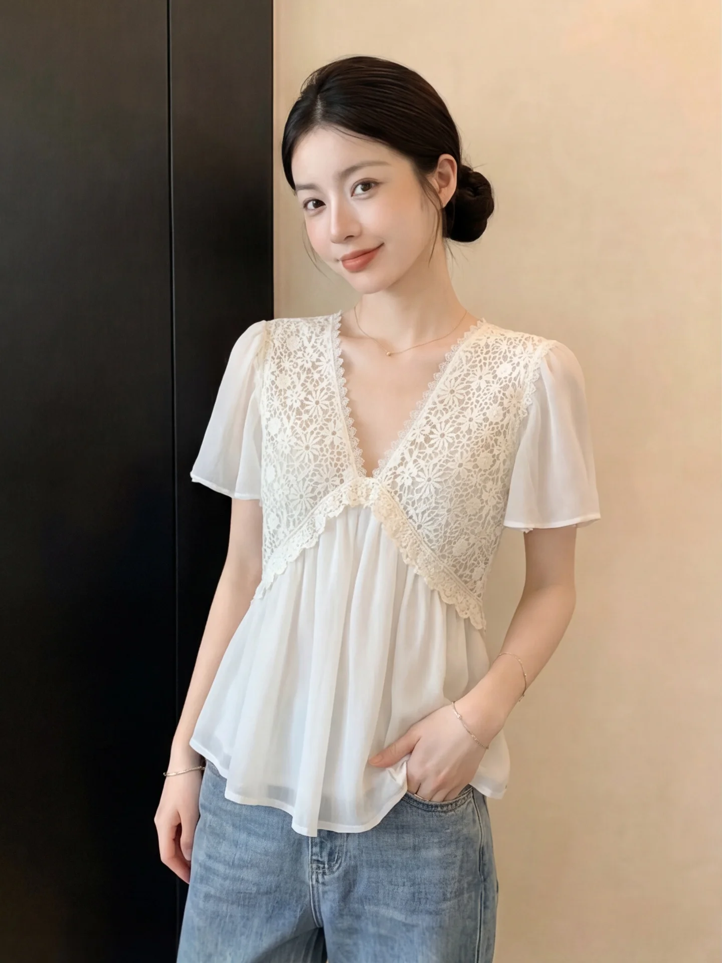 

Heavy Embroidery Lace Hollow out Design Short Sleeve Chiffon Shirt Women's Summer Fashion Korean Style Top in Apricot Color