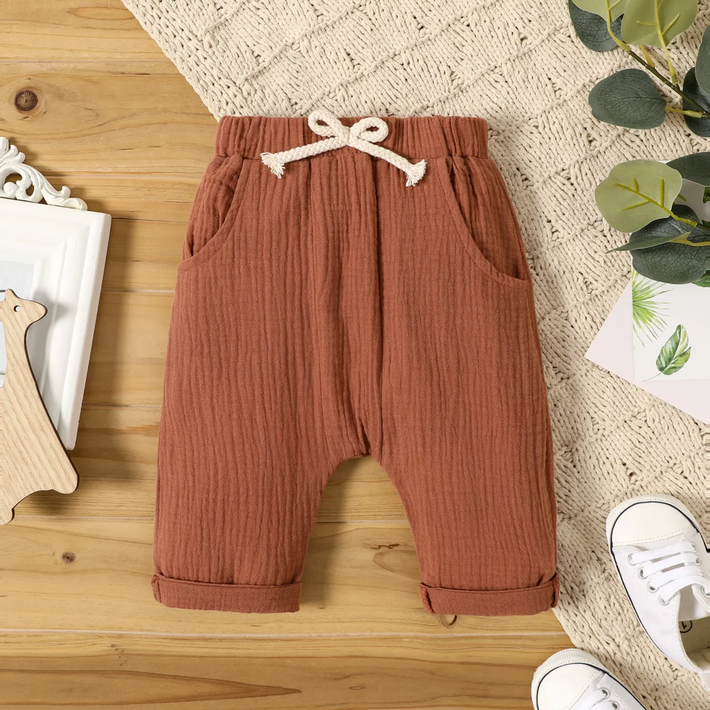 PatPat Baby Boy/Girl Crepe Brown/Khaki Striped Elasticized Waist Harem Pants Suitable for Summer Season Perfect for Outings