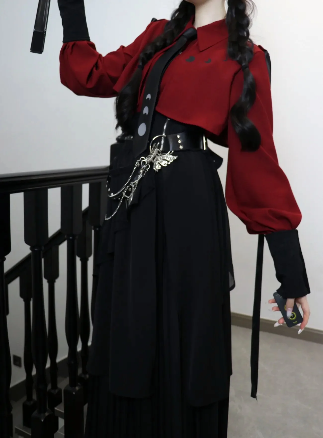 

SOIOMES Красно-черная утягивающая новая китайская ханьфу с ощущением драпировки и плиссированной темпераментной рубашки, длинная юбка для похудения