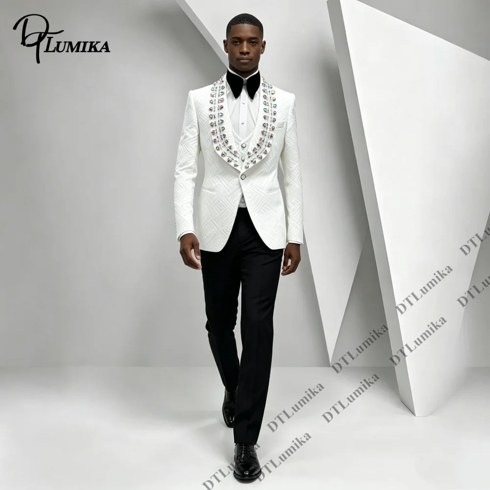 DTLumika White Embossed Multicolor Rhinestone Wedding Suit for Groom Three Piece Jacket Waistcoat Trousers Set Banquet Tuxedo