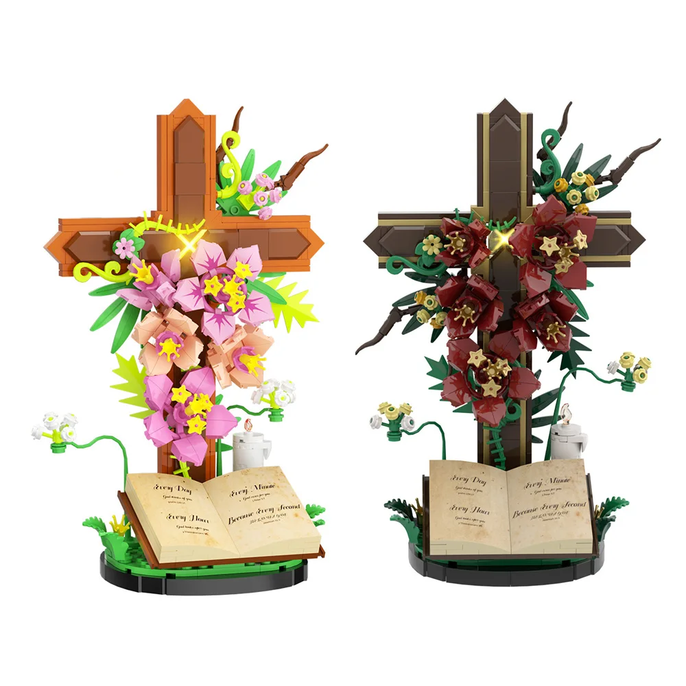 MOC Jesus-Kreuz Blumen-Baustein-Modell DIY-Design Tulpenblumen Religiöses Kreuz Bausteine Spielzeug Geschenk für Erwachsene