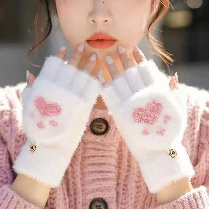 Thicken ผู้หญิง WARM Cat ถุงมือแฟชั่นสาว Cat Claw Paw Plush Mittens Soft Plush สั้น Fingerless Half Finger ถุงมือฤดูหนาว