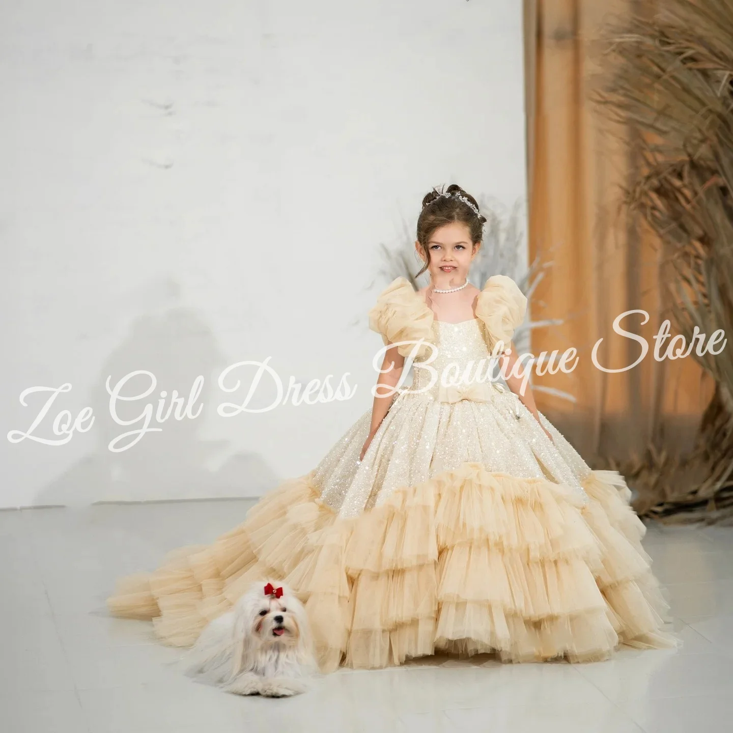 

Luxury Girls Birthday Dresses With Bow Sequins Tiered Flower Girl Dresses for Wedding Party Baby Ball Gowns Customized