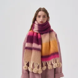 Bufanda de bola de lana hecha a mano, Mohair colorido a rayas de arcoíris, chal grueso de invierno, banda para el cuello, bufanda cálida, accesorios para parejas