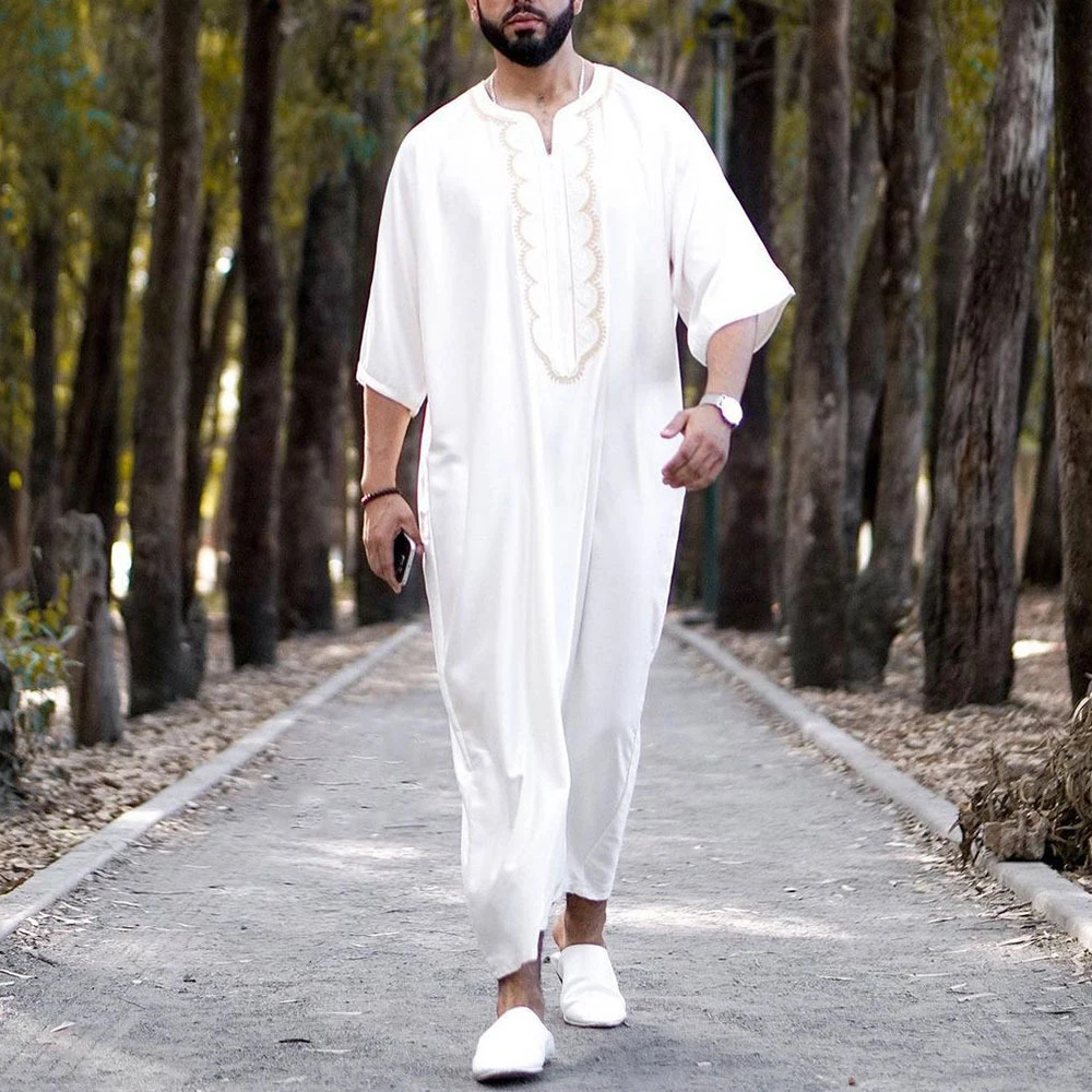 Muslim Islamic Robe Kaftan Long Sleeve Dress Arabic Loose Vintage Male Kaftan Dubai Saudi Arab Men Clothing White Wedding Party