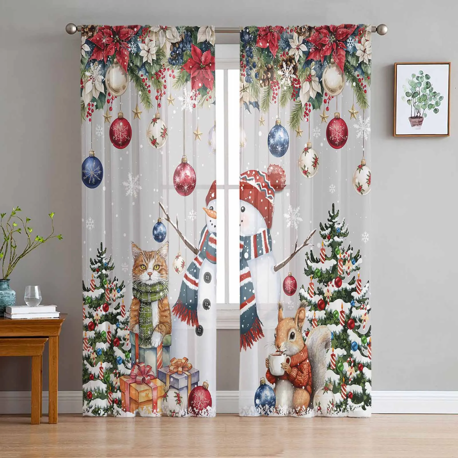 Christmas Tree Snowman Cat Squirrel Snowflake Ball Gray Sheer Curtains Room Decor Window Curtain Kitchen Tulle Voile Curtains