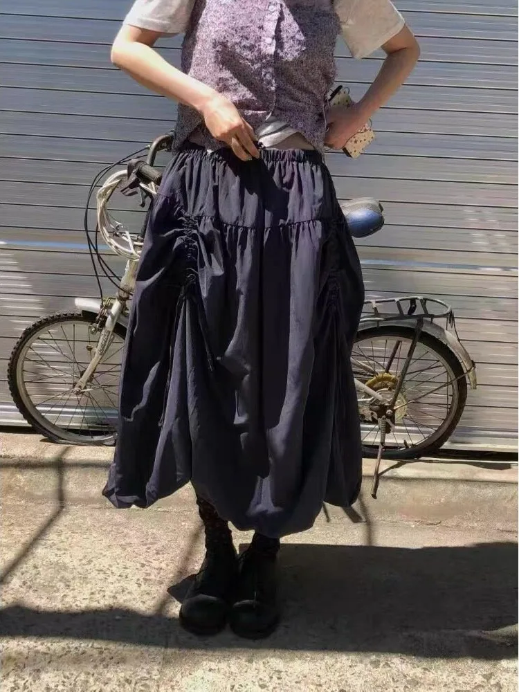 Adjustable Drawstring Summer New Style Pure Color Long Skirt Asymmetrical Korean Style Women's Fashion Spring Autumn Winter