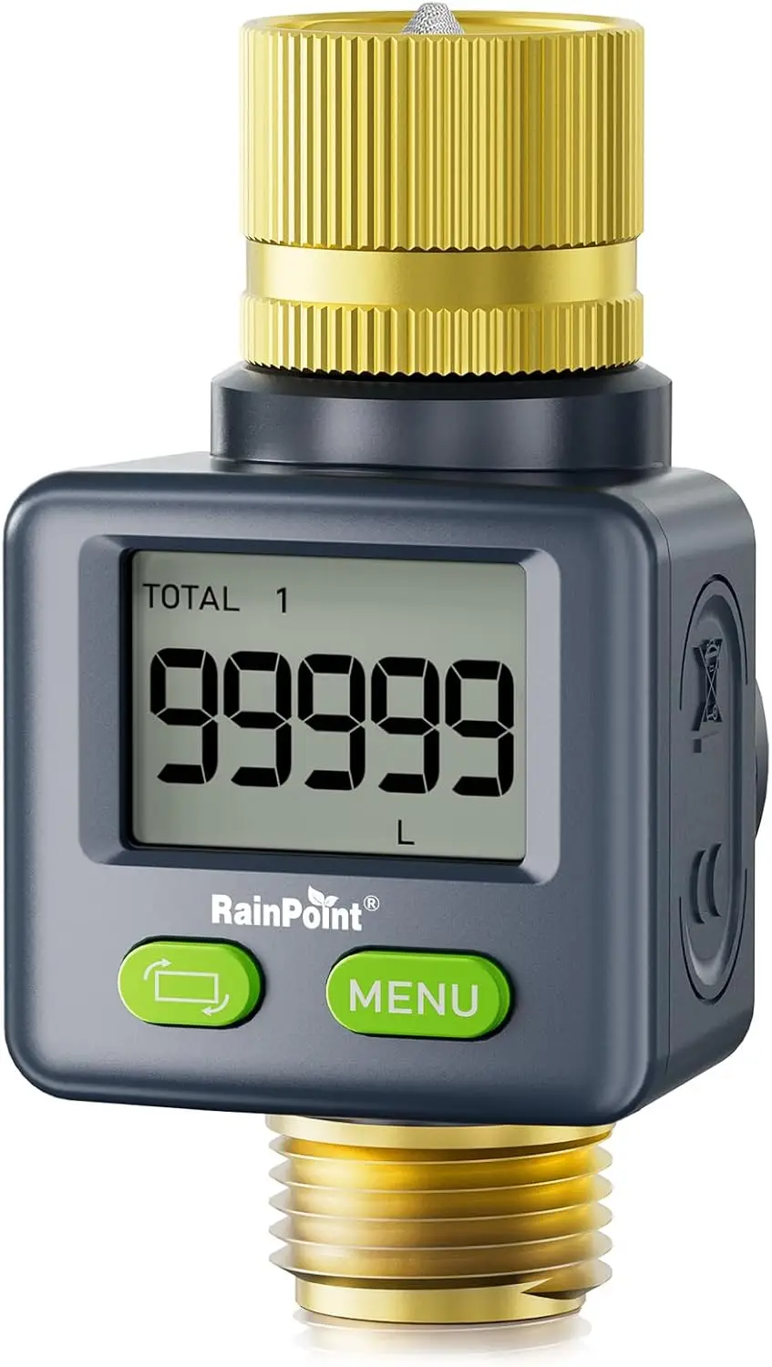 

Brass Inlet/Outlet Water Flow Meter, 180° Screen-Flip, Measures Gallons/Liters for RV, Garden, Sprinkler, Hose Nozzle