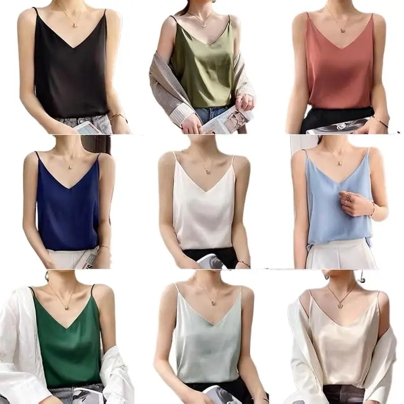 Women's Casual V-Neck Satin Camisole Tank Top Sleeveless Chiffon Halter Neck Avocado Blouse Sexy Solid Color Camisole Top