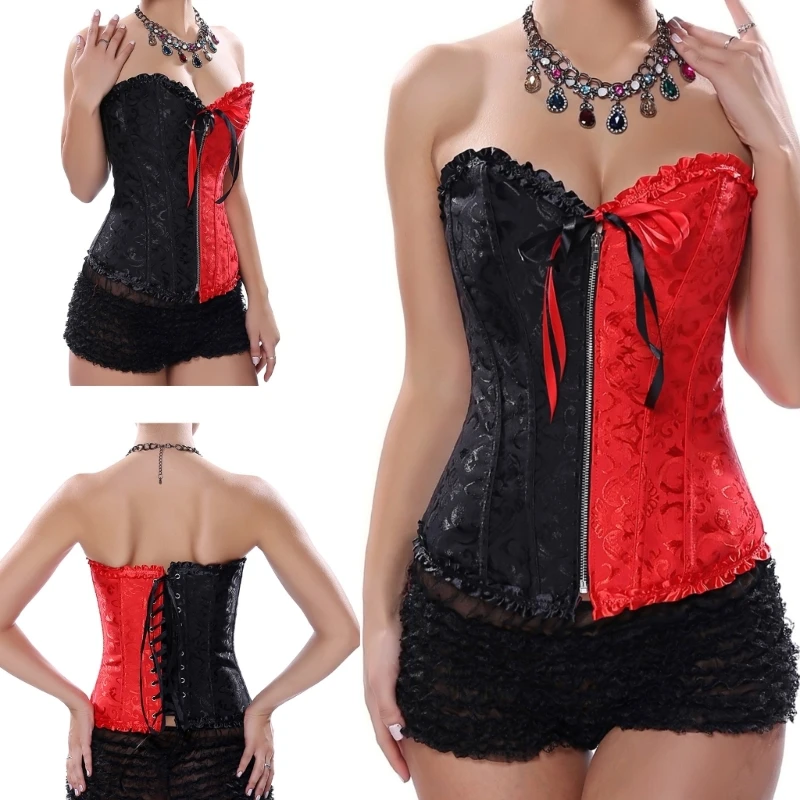 Color Block Corset Vest Bustier Women Jacquard Flower Waist Trainer Cosplay Costume Adjustable Lace Trim Camisole Cincher Band