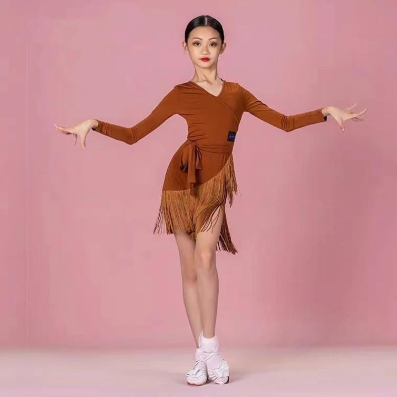 

Новая летняя одежда для латиноамериканских танцев для девочек: юбка с бахромой, удобная одежда для тренировок, детский костюм для бальных танцев и выступлений