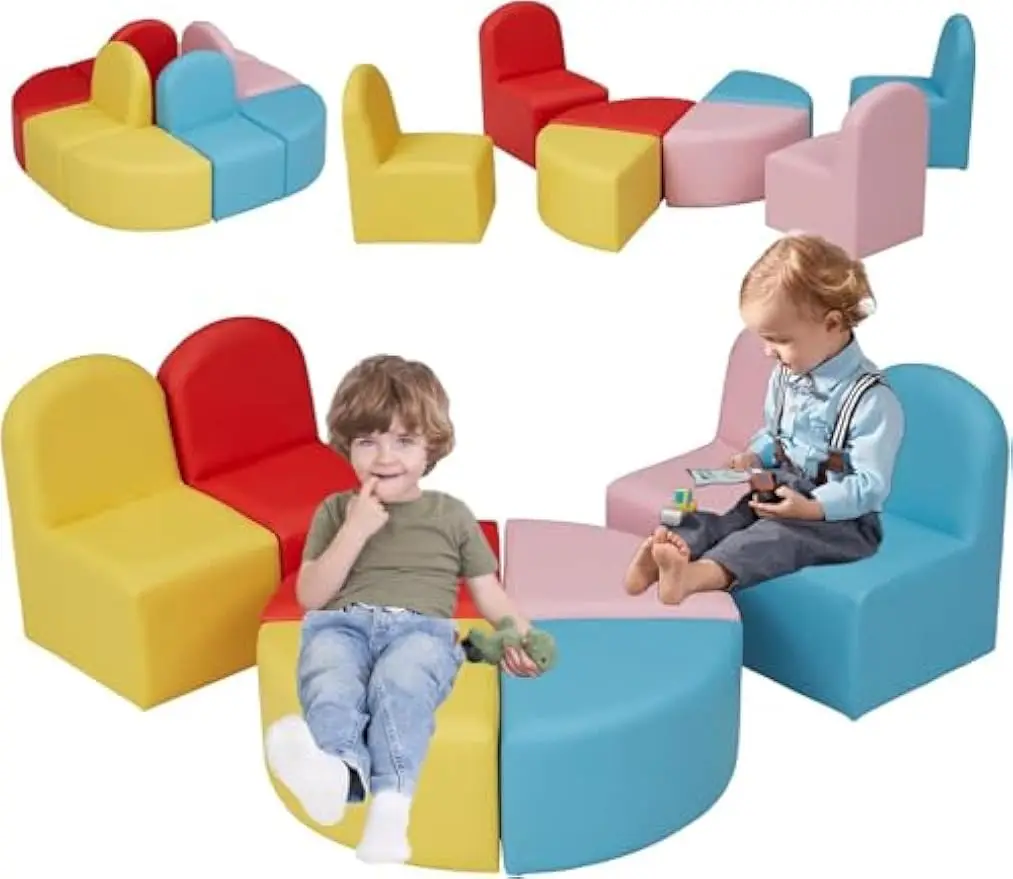 Sofa Seating Set Convert to Table and 4 Chairs Colorful Stools for Toddlers Soft Foam Play 8 PCs Set for Classroom