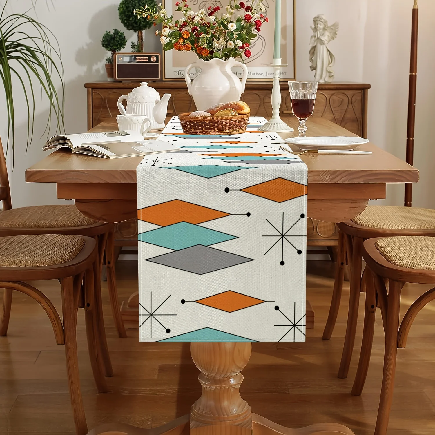 

Geometry Print Linen Table Runners Mid Century Farmhouse Style Dresser Scarf Table Decor Family Party Kitchen Dining Table Decor