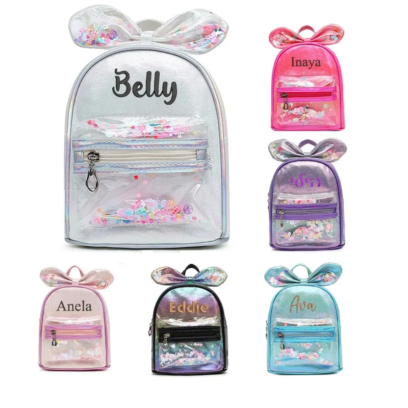 Personalized Embroidered Backpack with Decorative Bow and Confetti Girl Sequin Cute Princess Bow Backpack Custom Sequin Backpack