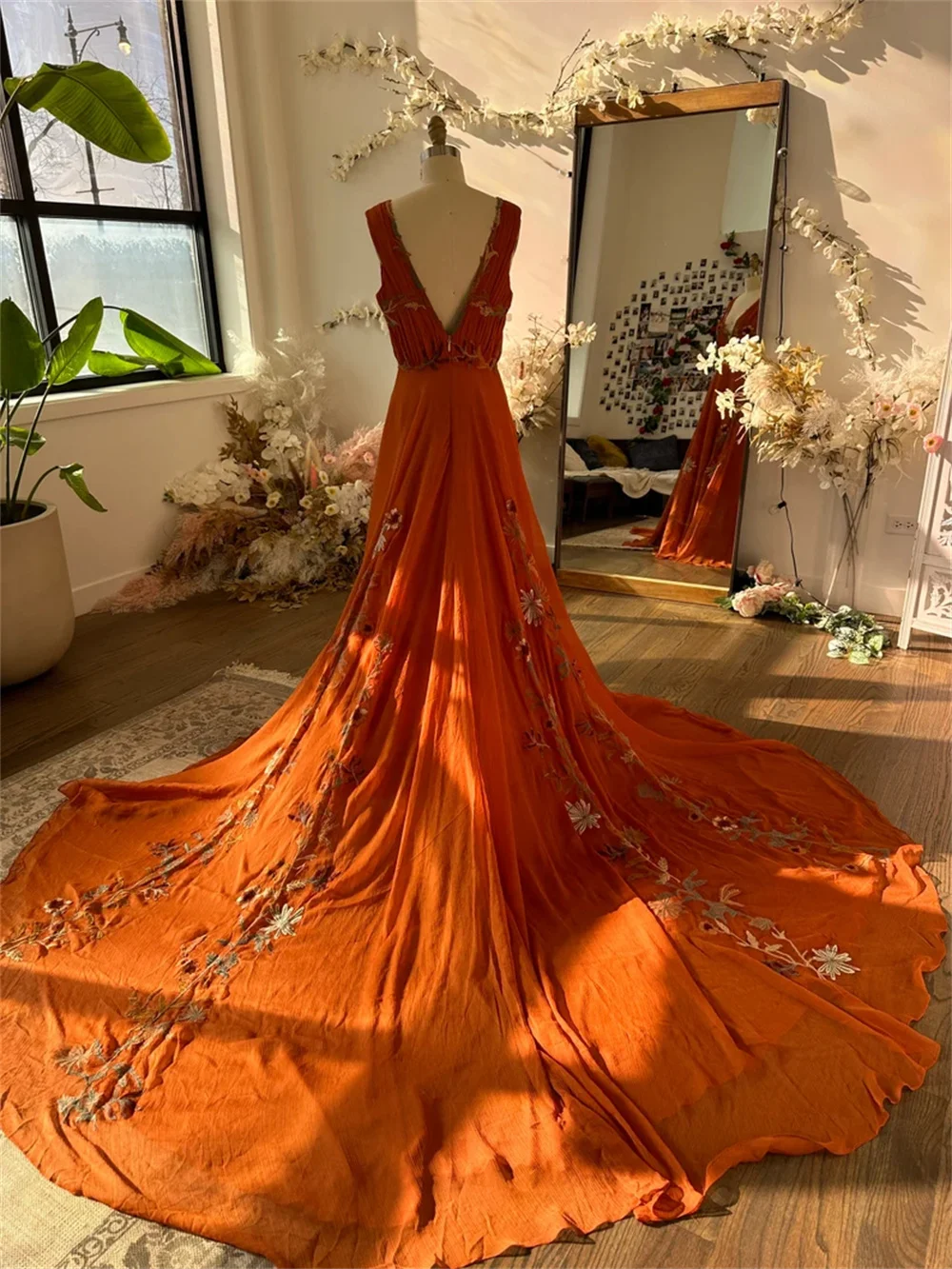 Amanda BOHO Orange Chiffon Elegant Party Sleeveless V-neck Long Train Evening Dress Floor-Length Flowers vestidos de fiestas