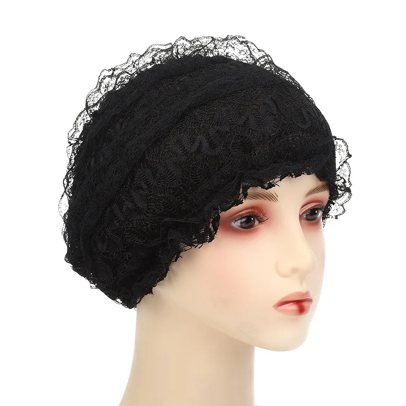 

New Double-Layer Lace Hair Band Cap Hui Sarong Tassel Wrap Head Cap Hundred Match Cover White Hair Mother Cap Fashion