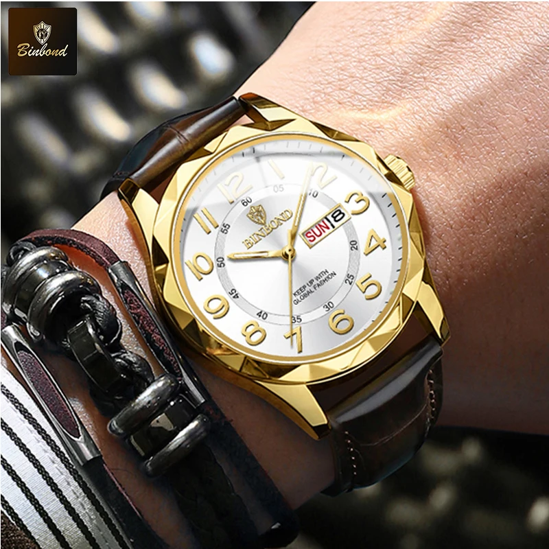 BINBOND B5663 쿼츠 신상 남성 캐주얼 스포츠 시계 남성용 레트로 빅 다이얼 시계 클래식 가죽 비즈니스 남성 시계