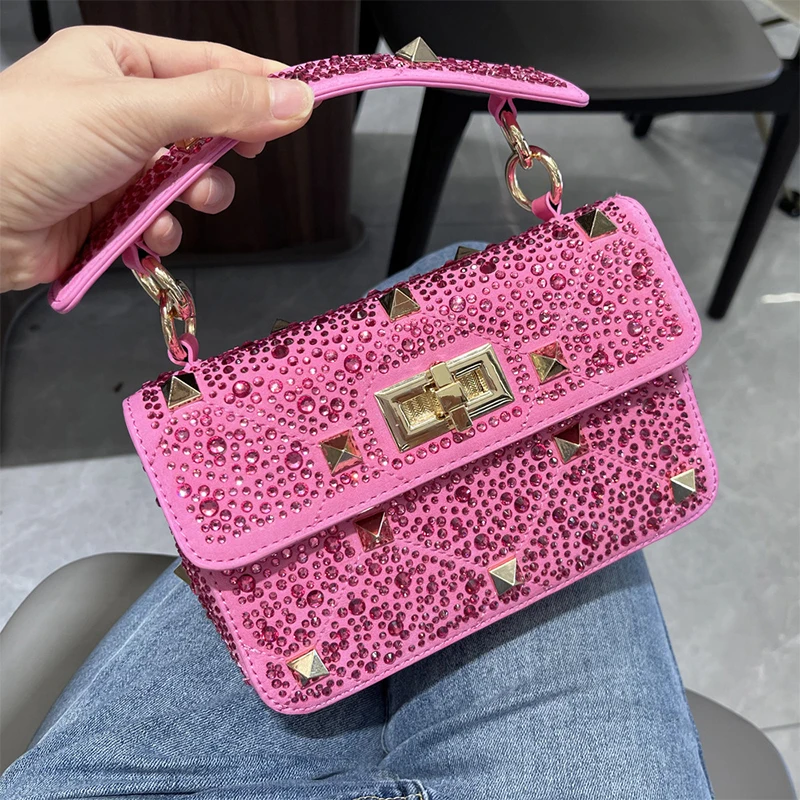 Luxury Handbag Women\'S Studded Crossbody 2024 Hot Rhinestone Studded Chain Small Square Bag Designer Brand Handbag Flap