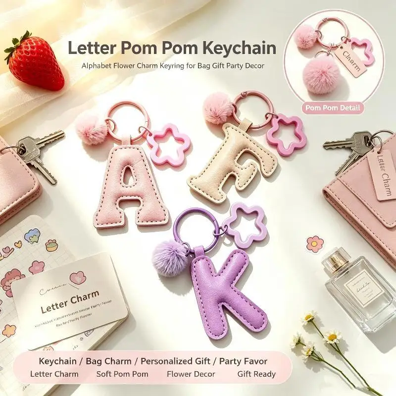 Initial Letter Keychain Pom Pom Star Frame Leather A-Z Alphabet Bag Charms Women Backpack Handbag Pendant Personalized Key Ring
