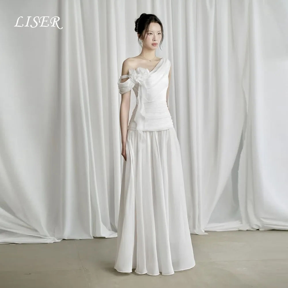 Liser واحد الكتف ألف خط كوريا فساتين الزفاف الحرير الشيفون قبالة الكتف أنيقة زي العرائس صورة تبادل لاطلاق النار Malam Dersريس تخصيص