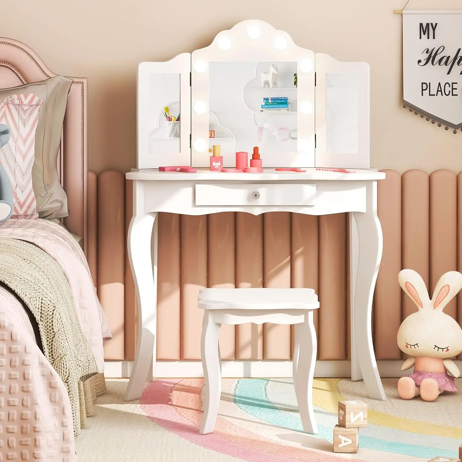 #Kids Vanity Set with Lights,Dressing Table & Chair,Tri-Folding Mirror,Stool,Drawer,Girls Play