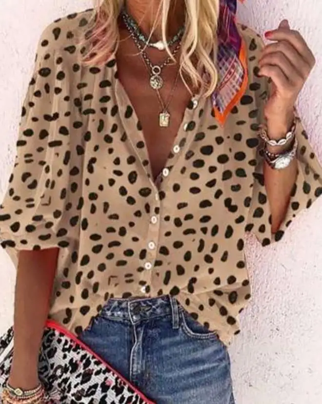 Women's Summer Shirt Black Irregular Dot Short Sleeved Lapel V-Neck Full Package Printed Button Design Casual Top
