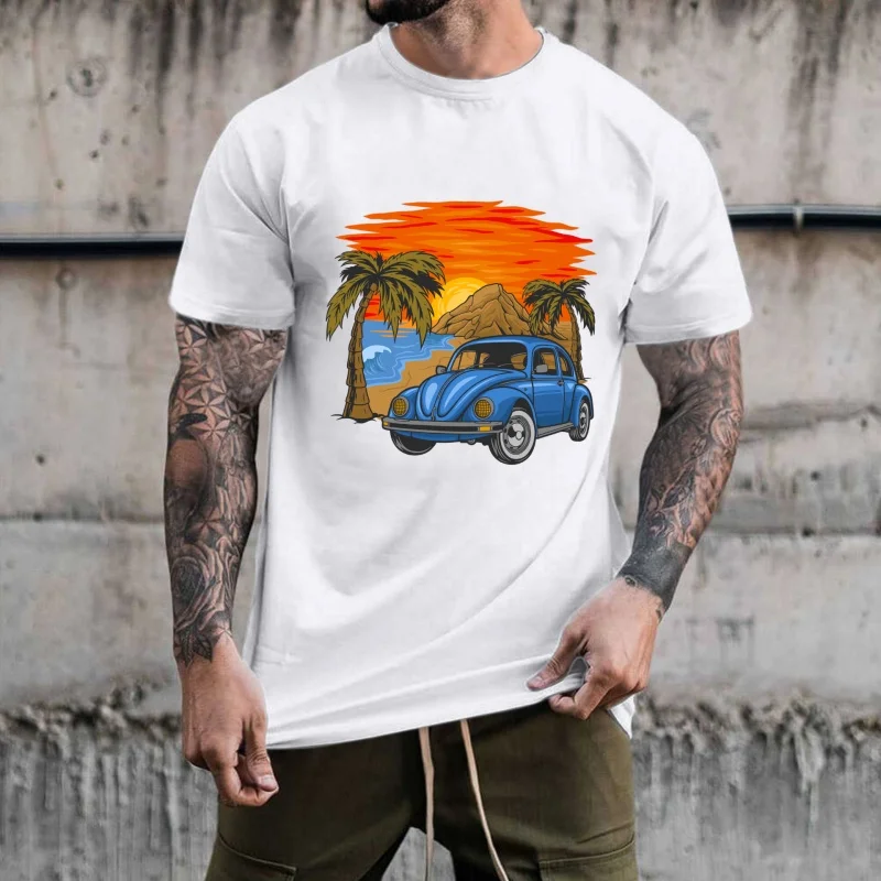Retro Beach Car Heat Transfer White Ink Iron - on Patch, Palm Tree Sunset Pattern, Suitable for T - shirts/Canvas Bags,