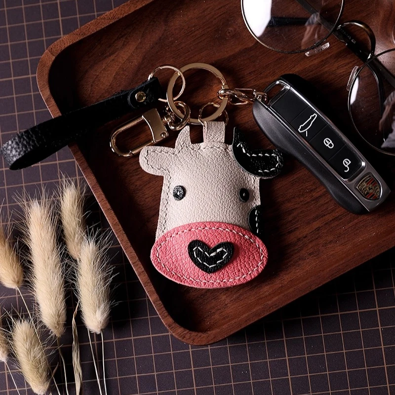

Dairy Cattle Pendant, French Sheepskin Bag Pendant Phone Pendant Bag, Pure Handmade Genuine Leather Keychain.