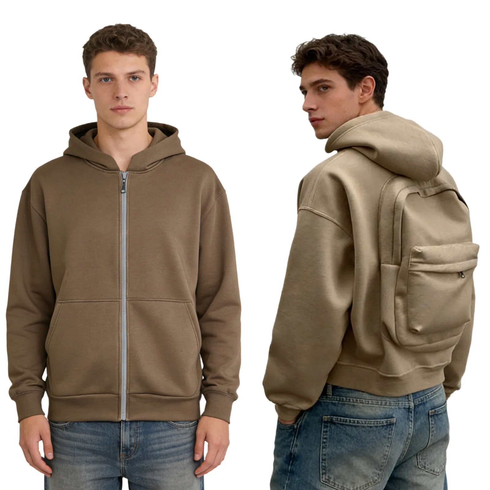

Men Novelty Hooded Sweatshirt Integrated Zip-up Backpack Coat Fashion Long Sleeve Front Zipper Hoodie Outerwear for Daily Casual