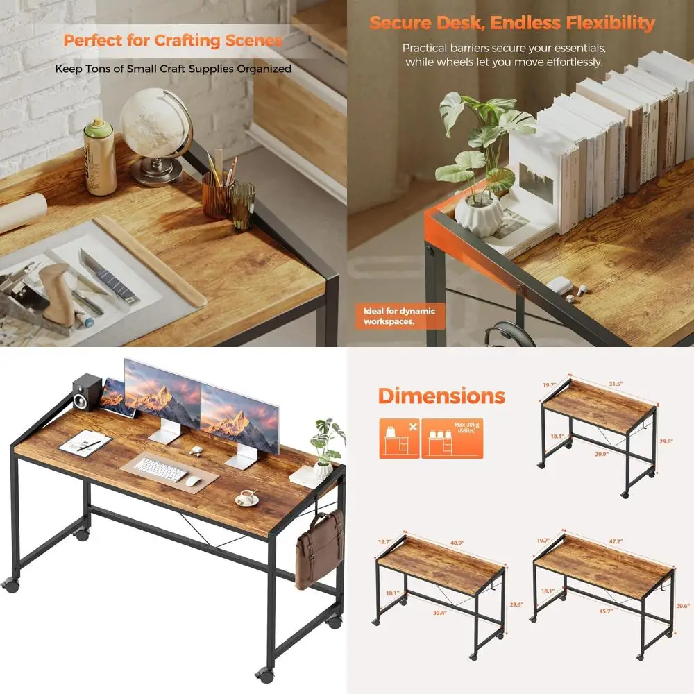 

Compact Rolling Desk with Wheels for Gaming and Home Office, Space-Saving Modern Style Writing Table