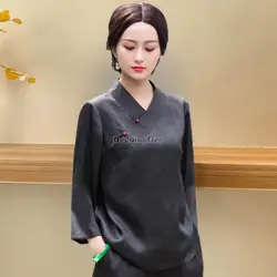 Blusa feminina de manga comprida estilo chinês, cheongsam retrô tradicional, blusa monocromática, estilo chinês, 2022