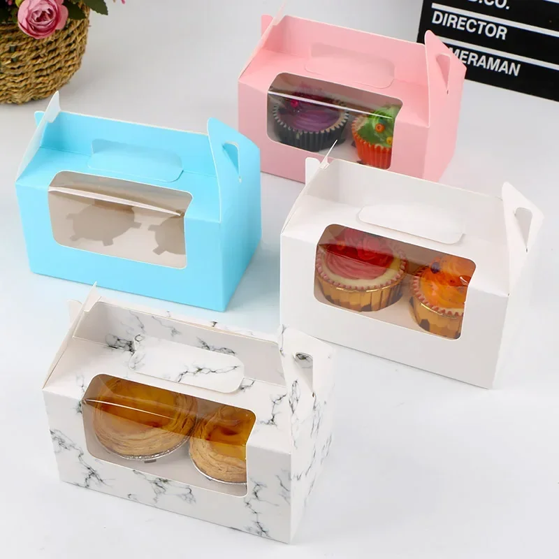 2/4/6 Grain Paper Cup Cake Box Transparent Window Muffin Box White Cardboard Portable Baking Packaging Box