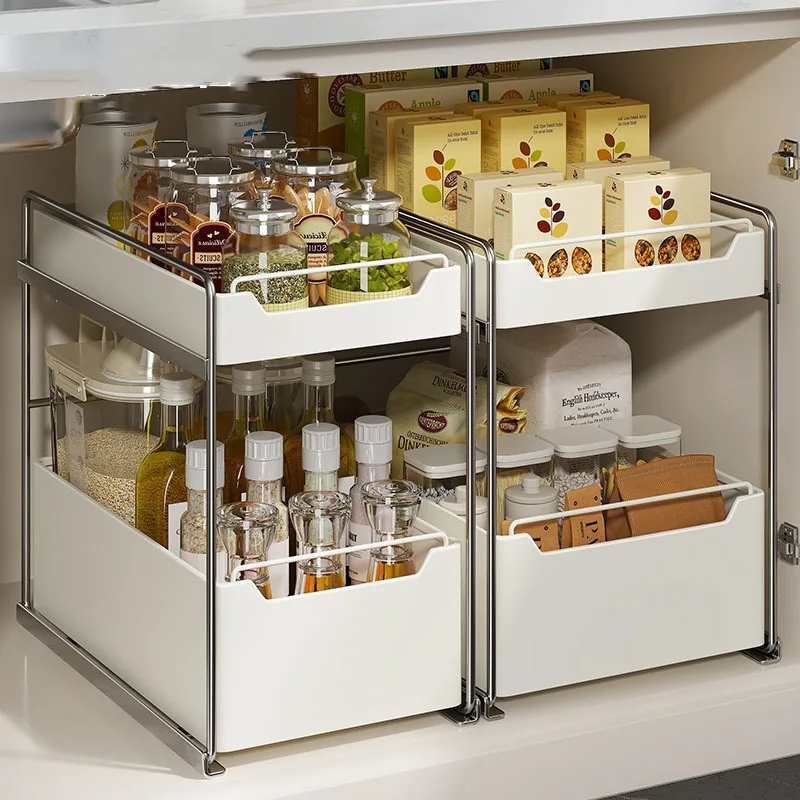 Pull-Out Type Dish Countertop Cabinet Organizer Under Sink 2 Layer Storage Racks Sliding Seasoning Bottle Holder Shelves Kitchen