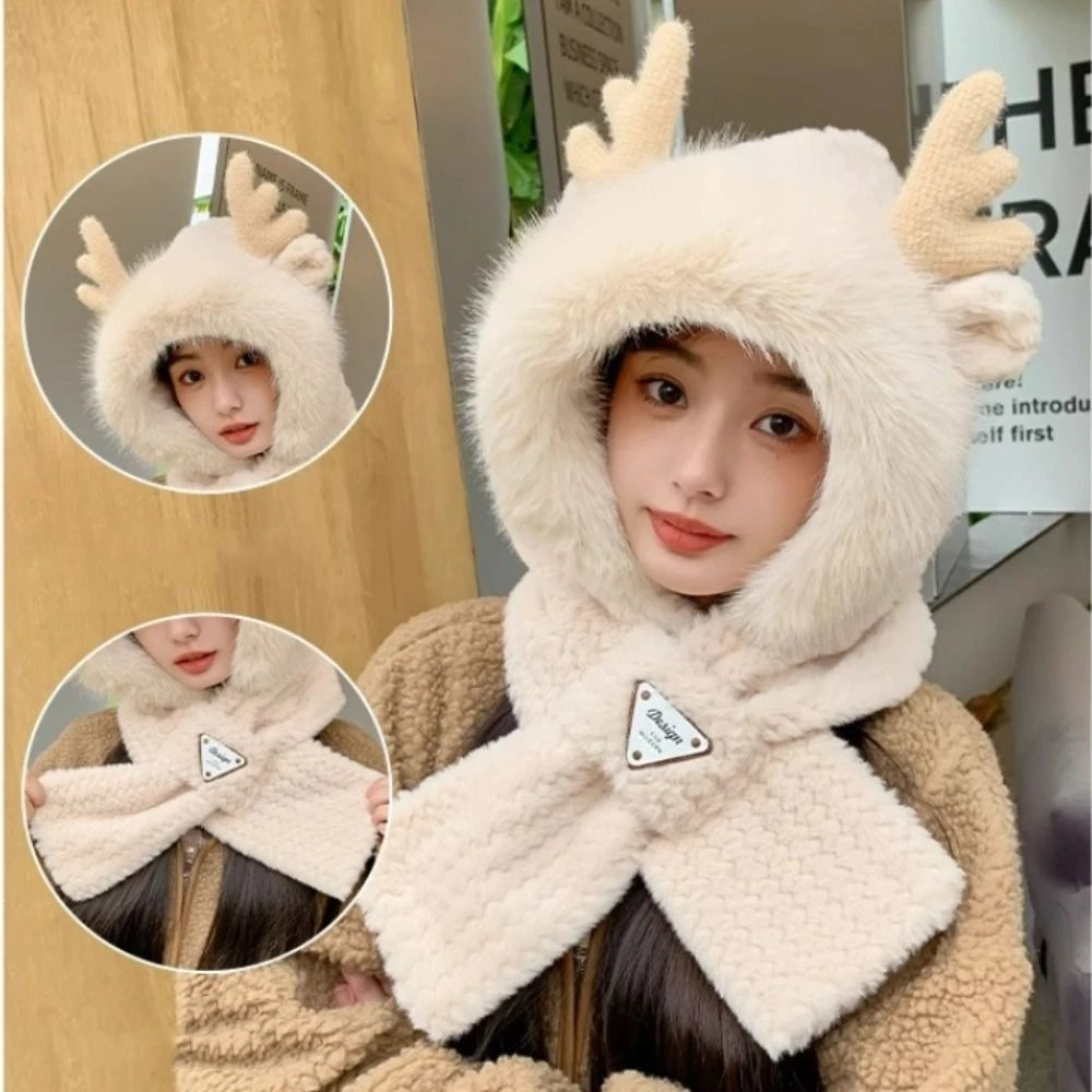 Cute Soft Fur Women Hooded Scarf Elk Antler Cross One Piece Hat Scarf Warm Windproof Ear Protection Hat Neckerchief