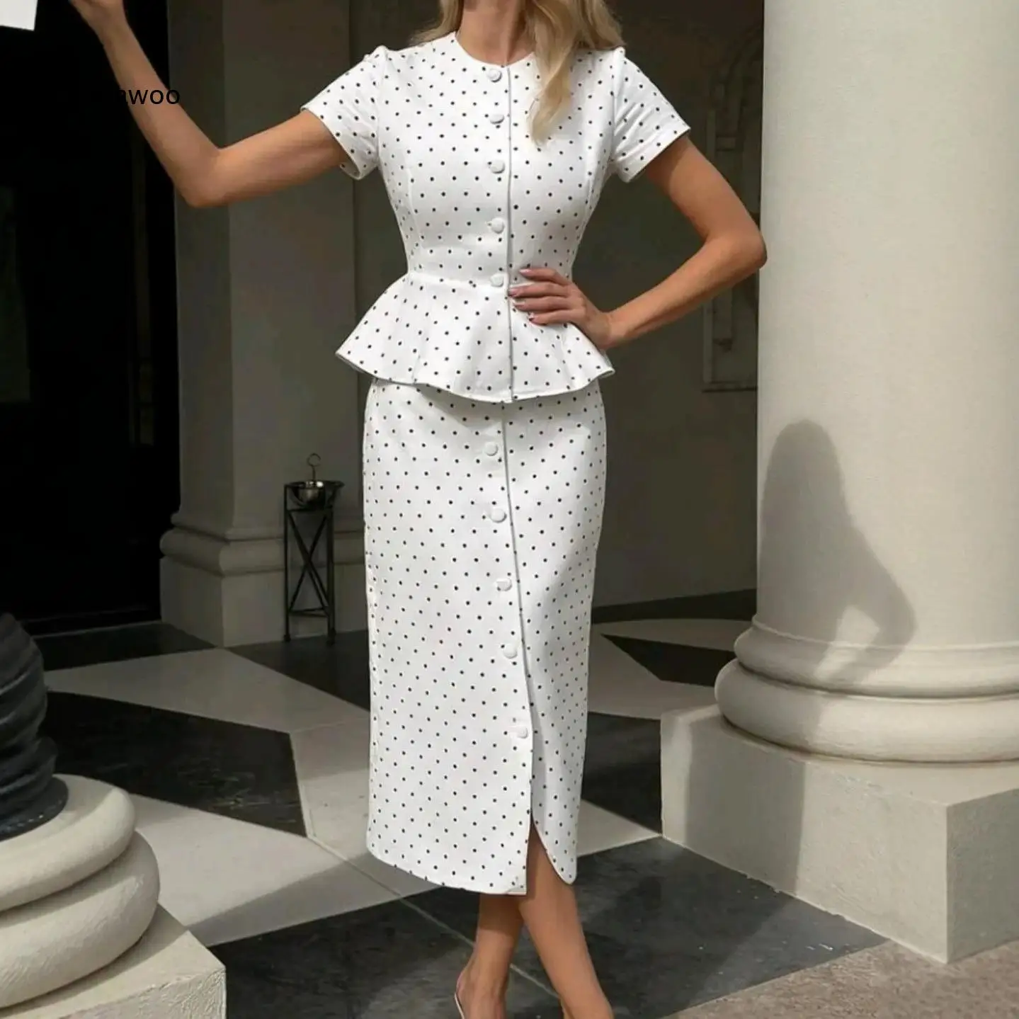 Women Elegant Polka Dot Skirt Suit Short Sleeve Button Peplum Top And Split Midi Skirt Set For Multiple Occasion Matching