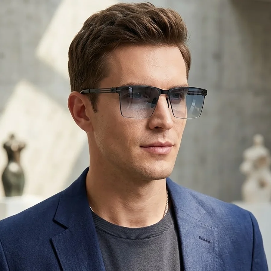 Men Photochromic Polarized Sunglasses Classic Square Oversized Frame Metal Frame Hinged Suitable Driving Fishing Night Vision view 6