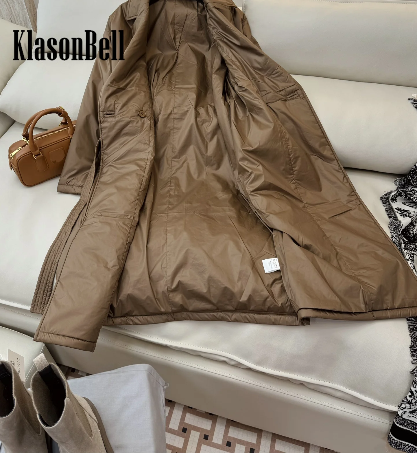 8.28 KlasonBell-Women Temperament Camel Hair Long Parkas Lapel Collar Double Breasted Sashes Collect Waist Keep Warm Coat