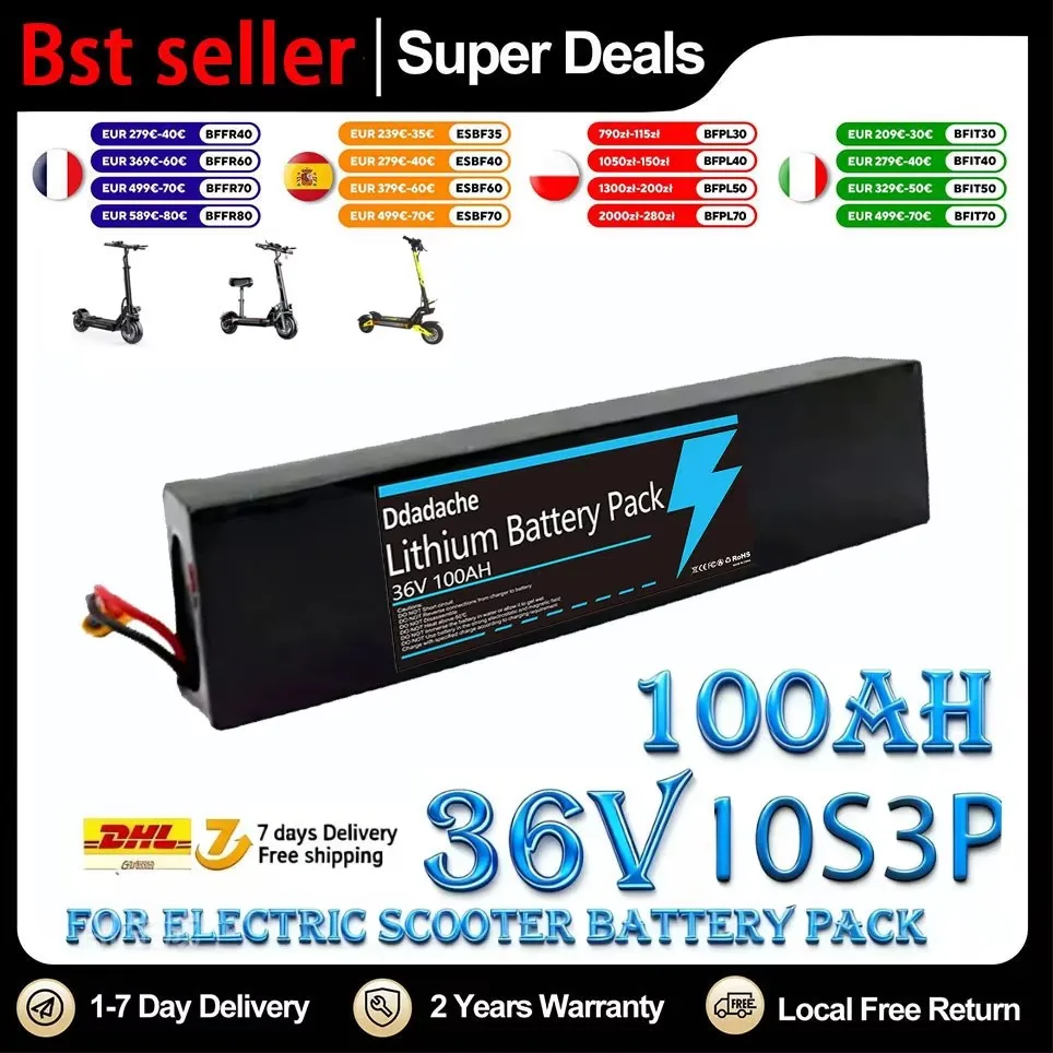 Batterie de scooter électrique 100 % neuve, batterie lithium-ion haute capacité 36V 10S3P 100Ah, moteur haute puissance 250W-1000W, avec BMS intelligent, adaptée aux scooters à pneus alvéolés