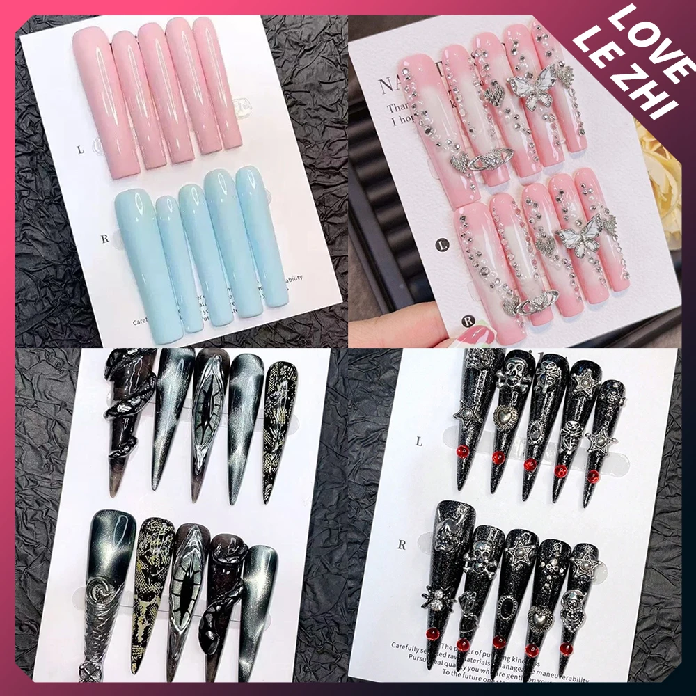 

Spice Girl Colorful Handmade Xl Long Square Tip Press On Nails Metal Butterfly Five Pointed Star Skull Snake Full Cover Nails