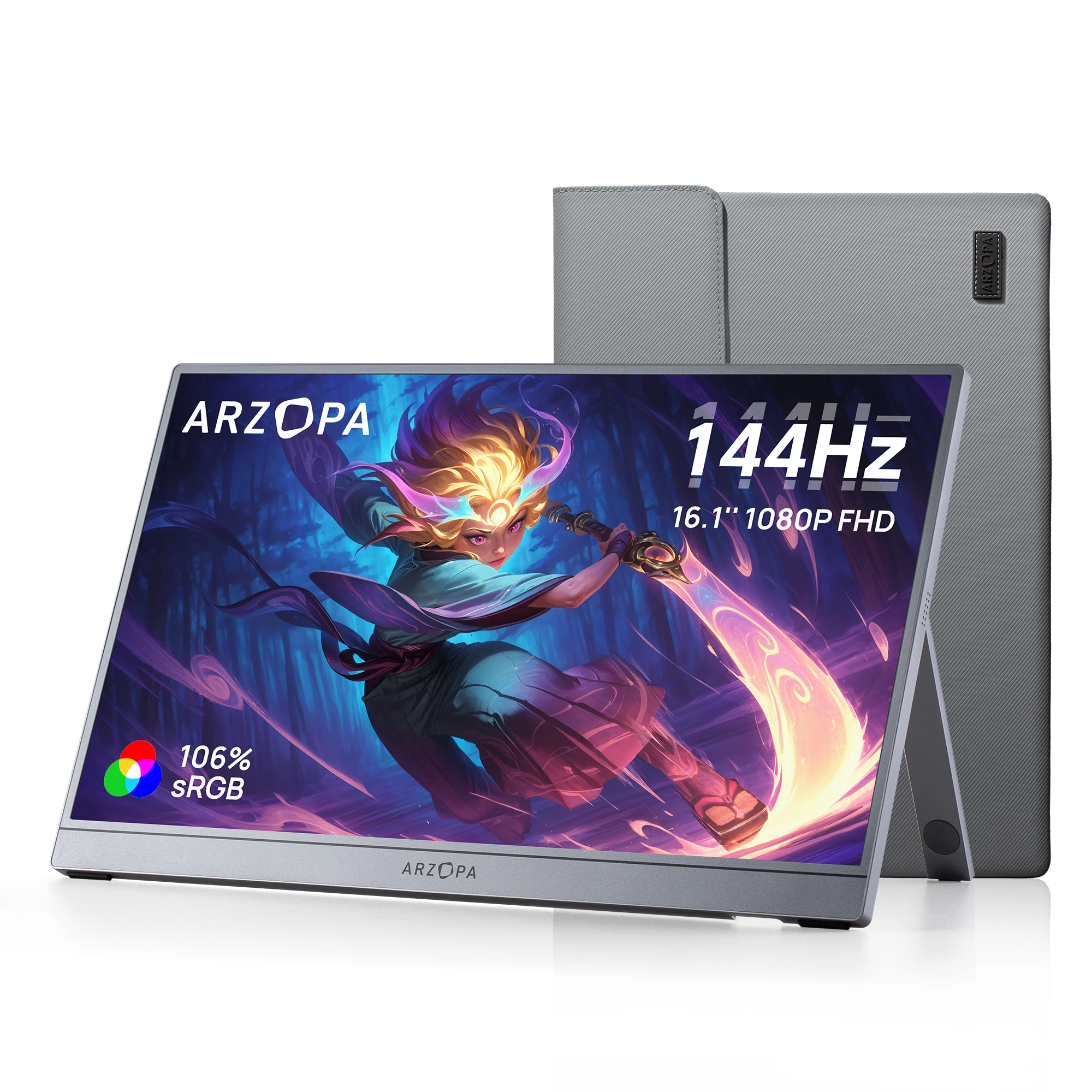 

【Монитор + сумка】ARZOPA Серый портативный монитор 16,1 дюйма, 144 Гц, 100% RGB, 1080P FHD Внешний второй экран IPS-экран, Z1FC Серый