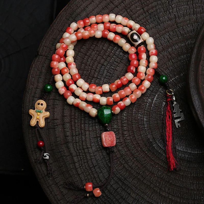 Natural semi-blood camel bone barrel , 108 Buddhist prayer , multi-loop bracelet, agate Dzi beads, Zaki Ram acce