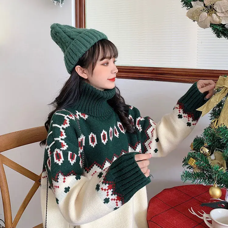 학생 하이넥 스웨터, 한국 버전, 루즈한 다용도 슬림 니트 스웨터, 트렌디 재킷, 따뜻하고 달콤한 크리스마스, 겨울 신상