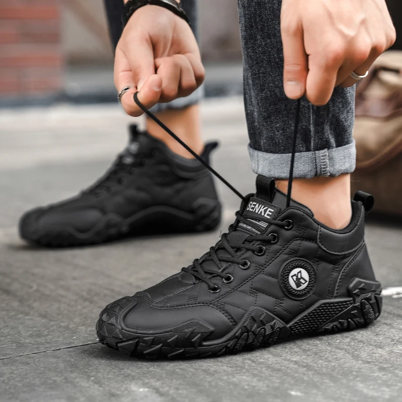 Fashion Male Outdoor Mid‑height Walking Booties Lace‑up Diamond Stitch Upper Non‑slip Wear‑resistant Sole For Autumn Winter