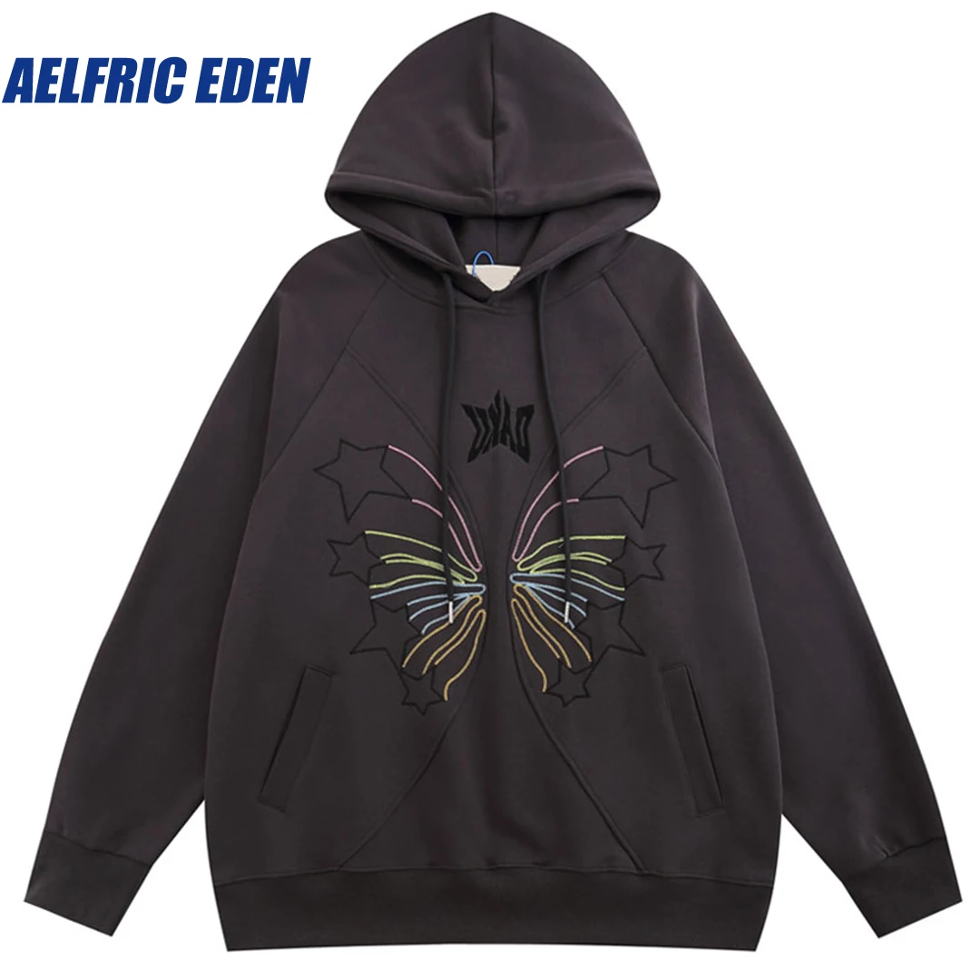 Aelfric Eden Embroidery Star Harajuku Hoodie Y2K Hip Hop Retro Pullover Sweatshirts Men Punk Goth Hooded Streetwear Loose Hoodie