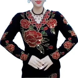 Autumn Spring Long Sleeve Shiny Gemstones Black T Shirts Women Bead Work Black Tees Ady Fashion Shiny Rhinestones Tops